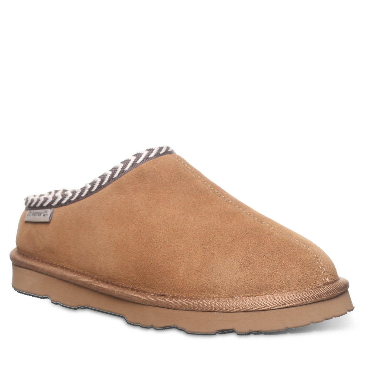 Bearpaw women's suede slip-on clog slipper with braided trim collar and rubber sole