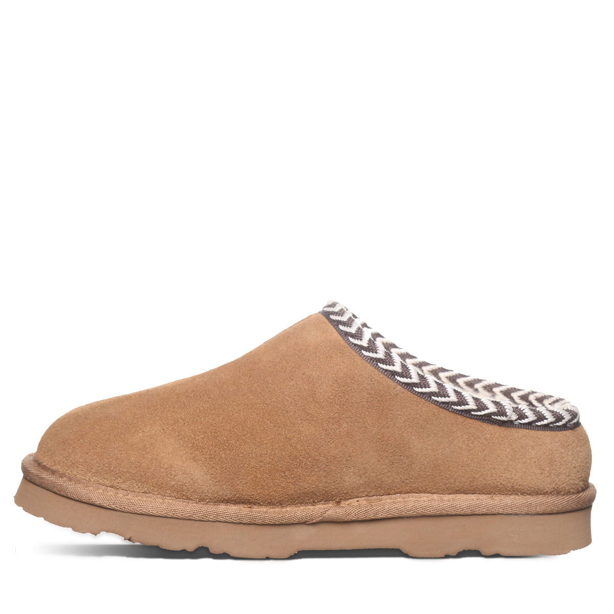 Bearpaw Tabitha women's suede slip-on clog slipper with chevron trim collar, side view
