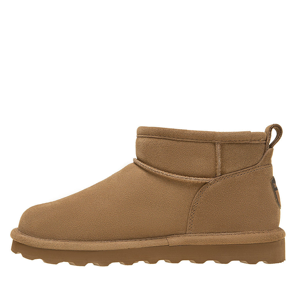 Bearpaw womens ultra-mini ankle boot in tan suede with sherpa lining and pull tab