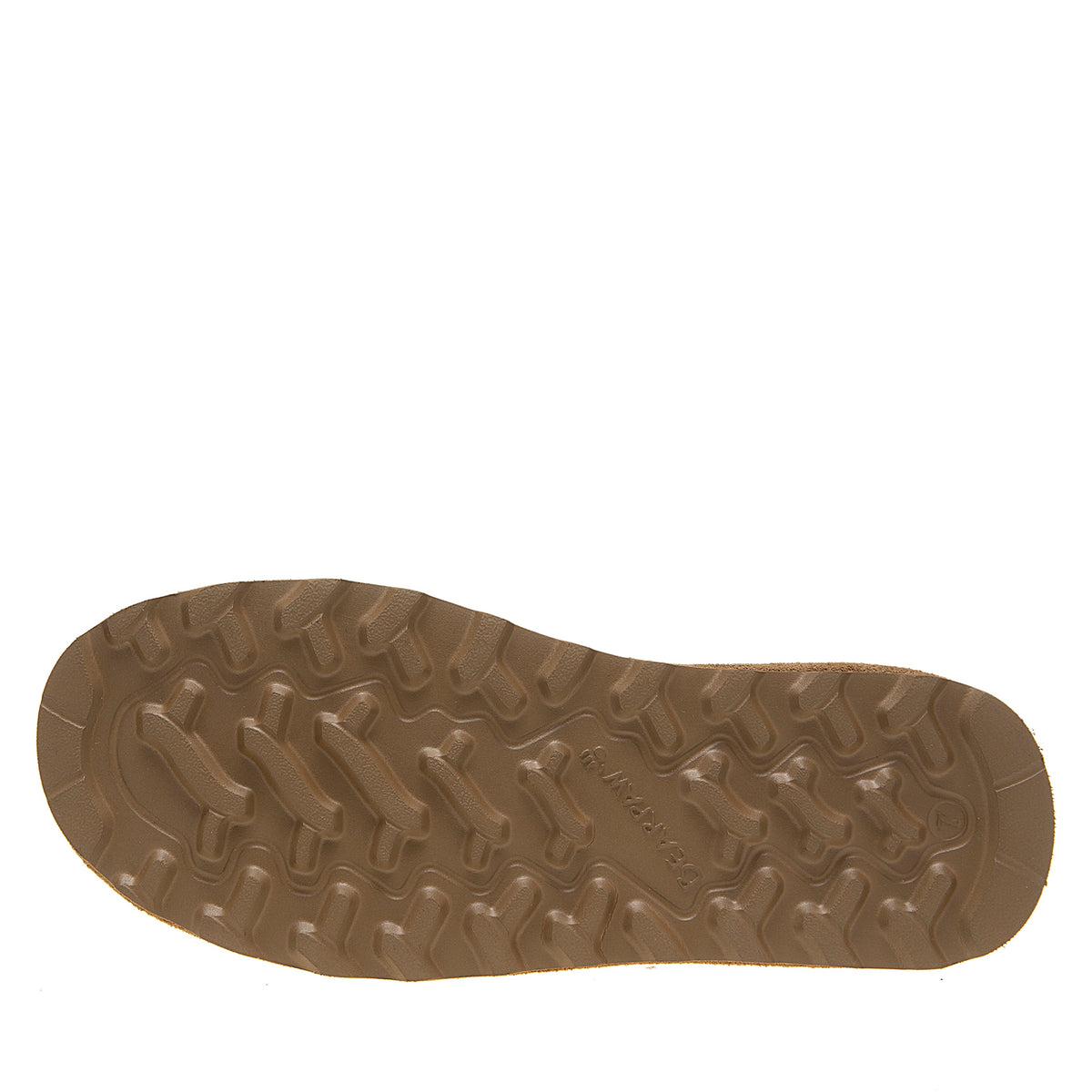 Bottom view of Bearpaw Shorty boot showing tan rubber outsole with tread pattern