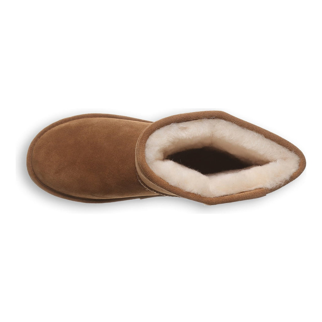 Top-down view of a short ankle boot with fluffy cream shearling lining and opening