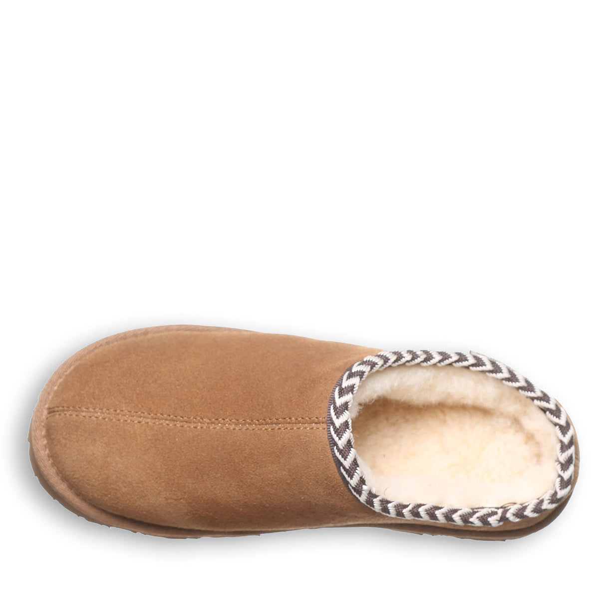 Top-down view of a tan suede slip-on slipper with cozy sherpa lining and braided trim