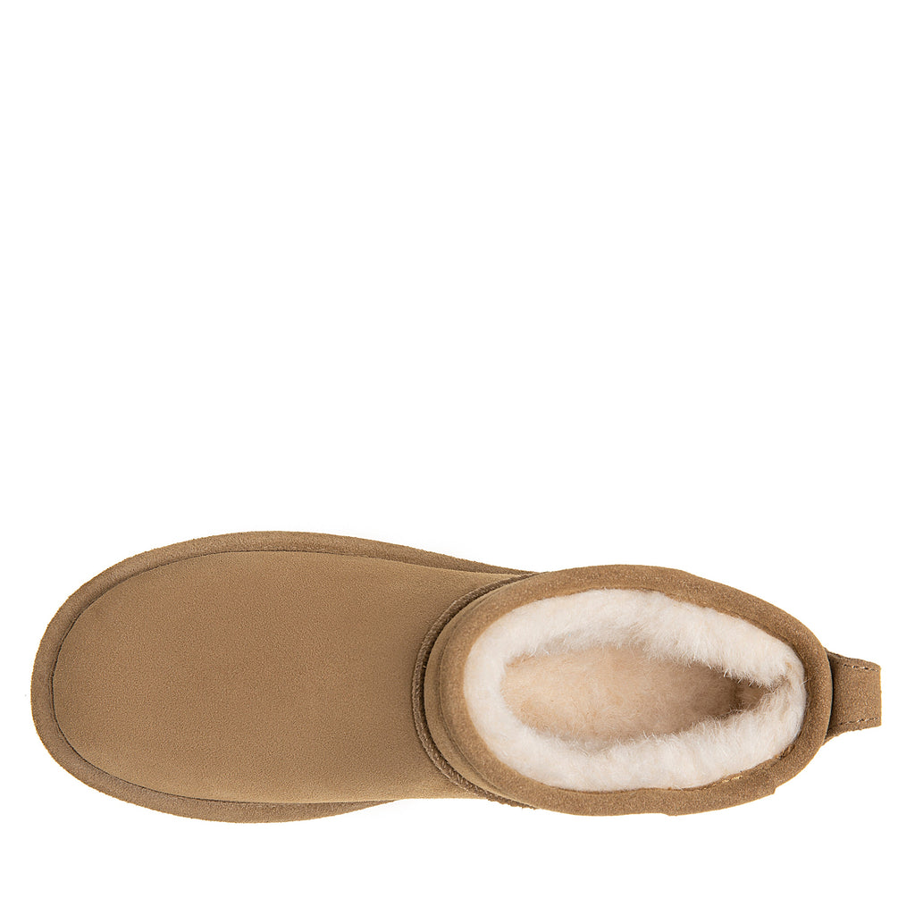 Top-down view of a short sheepskin boot with fluffy wool lining interior