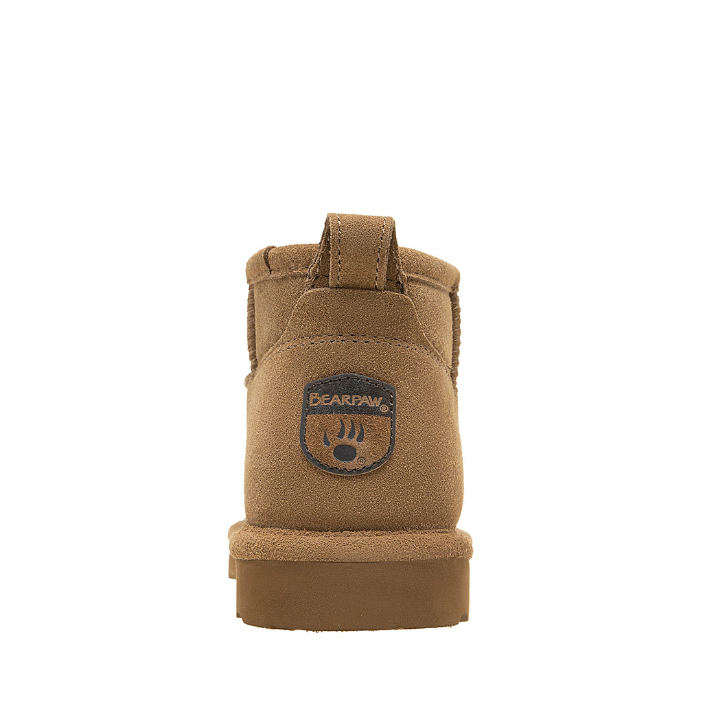 Rear view of Bearpaw Shorty ankle boot showing heel logo patch and pull tab