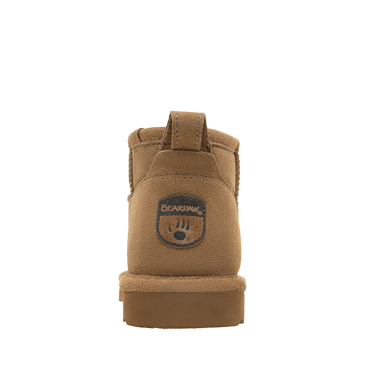 Rear view of Bearpaw Shorty ankle boot showing heel logo patch and pull tab