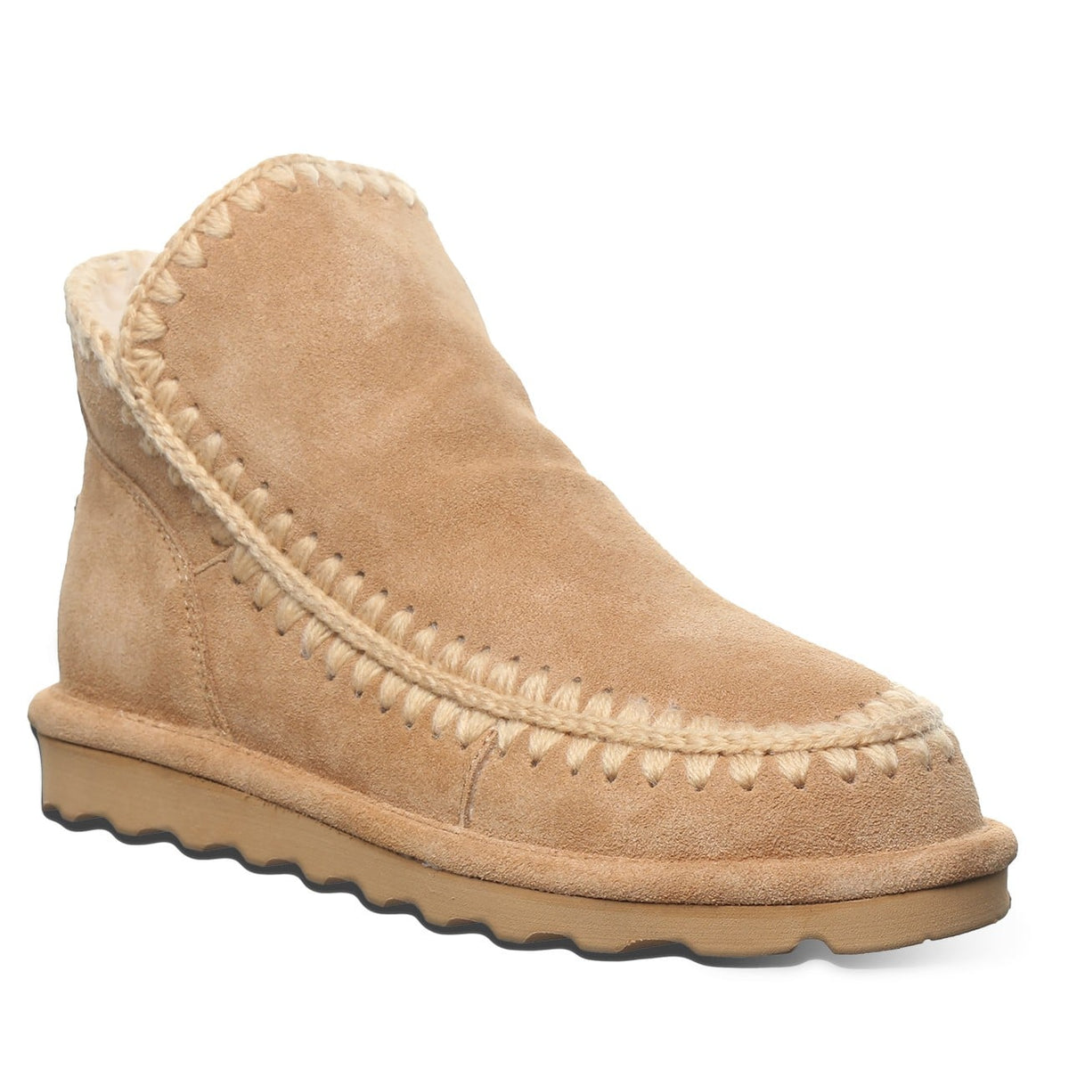 Women's suede winter ankle boot with whipstitch detailing and shearling lining