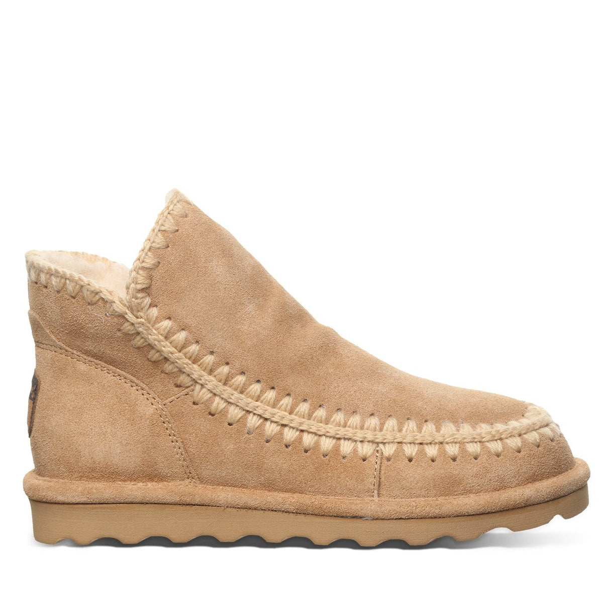 Women's suede winter ankle boot with whipstitch detailing and sherpa lining, side view