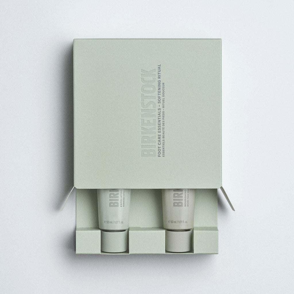 Birkenstock Foot Care Essentials Softening Ritual Kit in open sage green packaging with two tubes