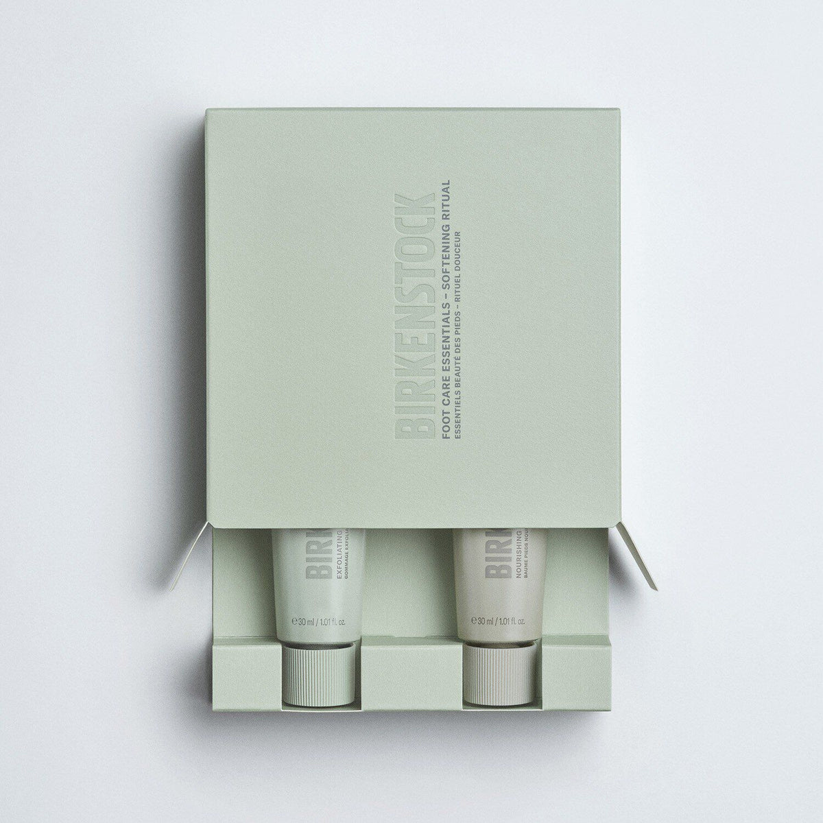 Birkenstock Foot Care Essentials Softening Ritual Kit in open sage green packaging with two tubes