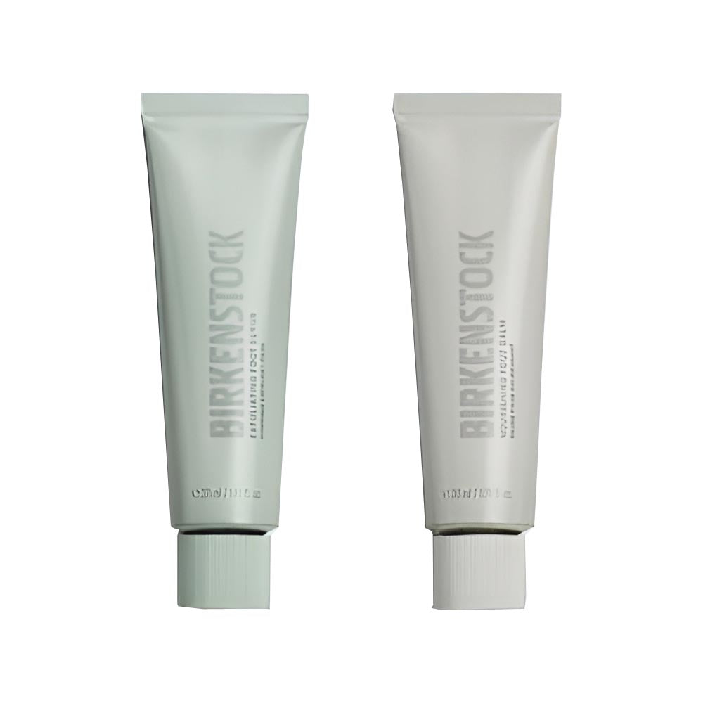 Two Birkenstock foot care tubes side by side, exfoliating scrub and hydrating balm