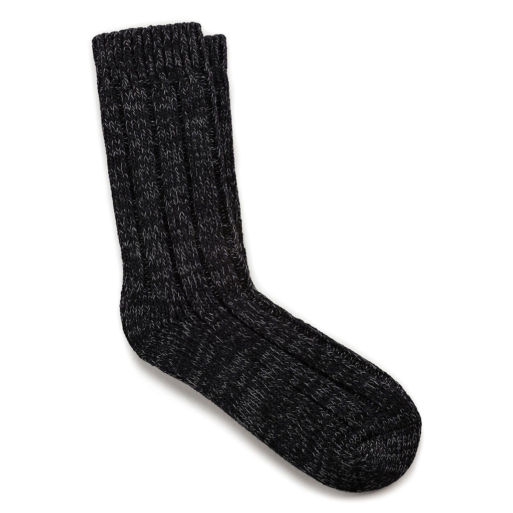 Single black marl cotton twist knit crew sock displayed upright on white background