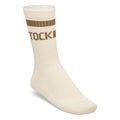 Birkenstock crew sock in off-white with khaki stripe and logo lettering at calf