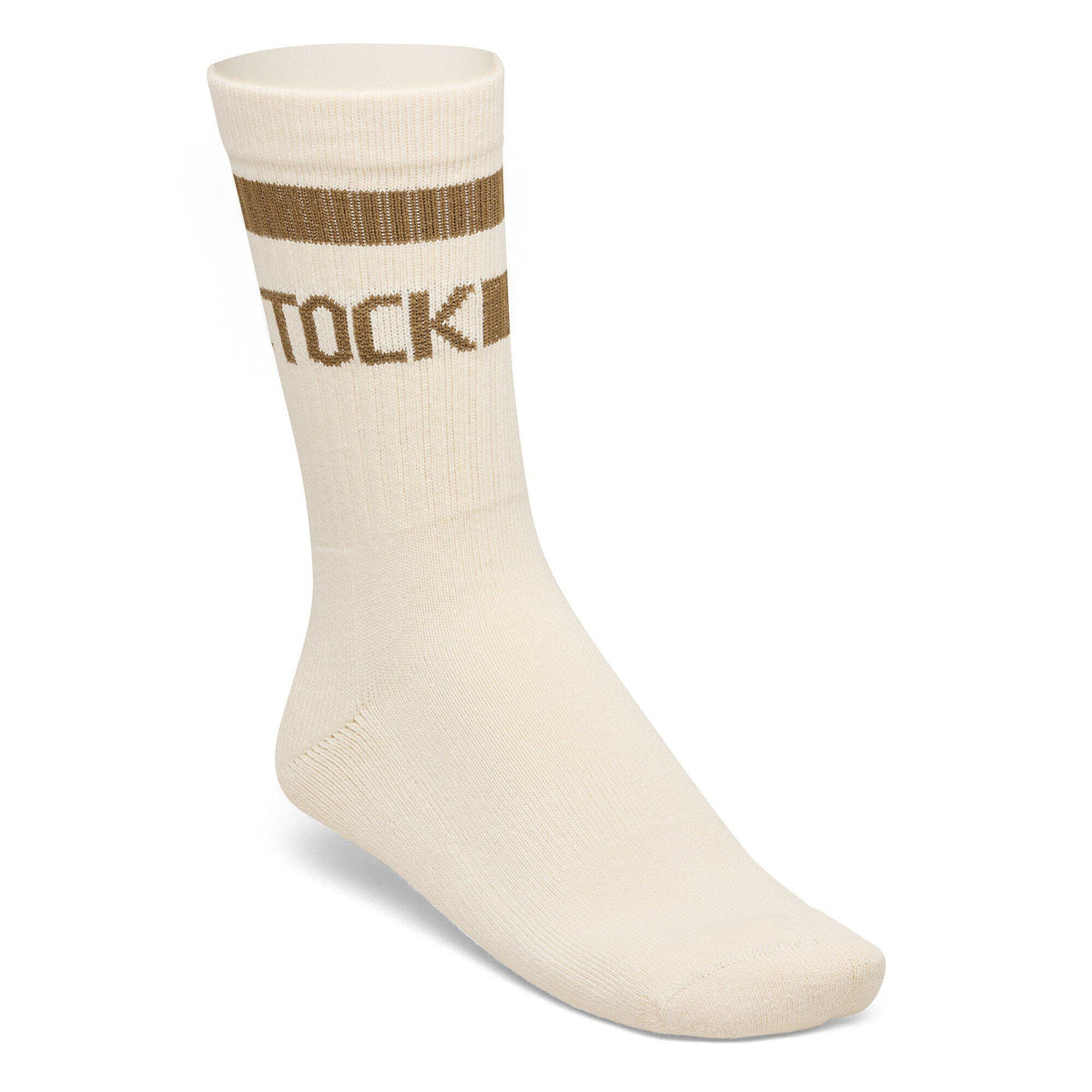 Birkenstock crew sock in off-white with khaki stripe and logo lettering at calf