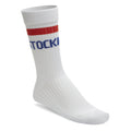 Birkenstock crew sock with red stripe and blue brand lettering on white ribbed cotton