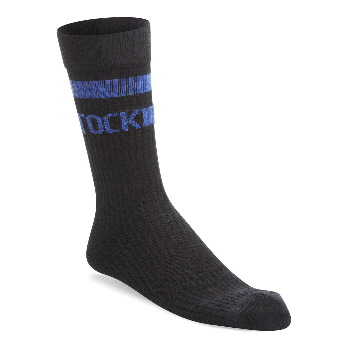 Birkenstock ribbed crew sock in black with blue stripe and logo band at cuff