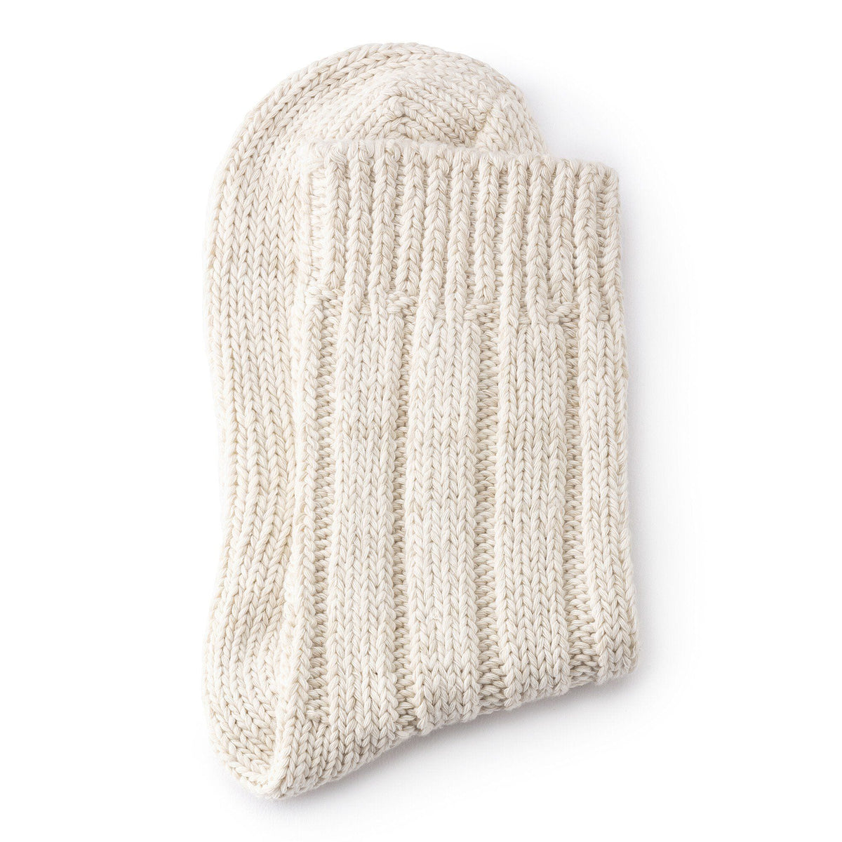 Chunky ribbed knit cotton sock folded flat, showing toe and cuff detail