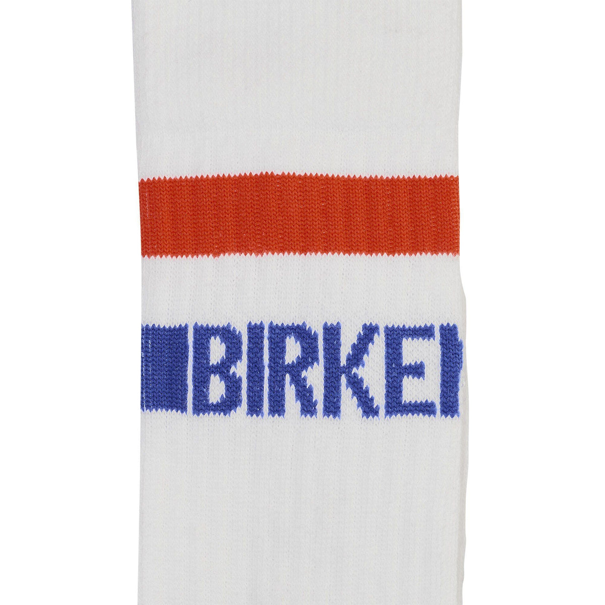 Close-up detail of white Birkenstock crew sock with red stripe and blue logo lettering