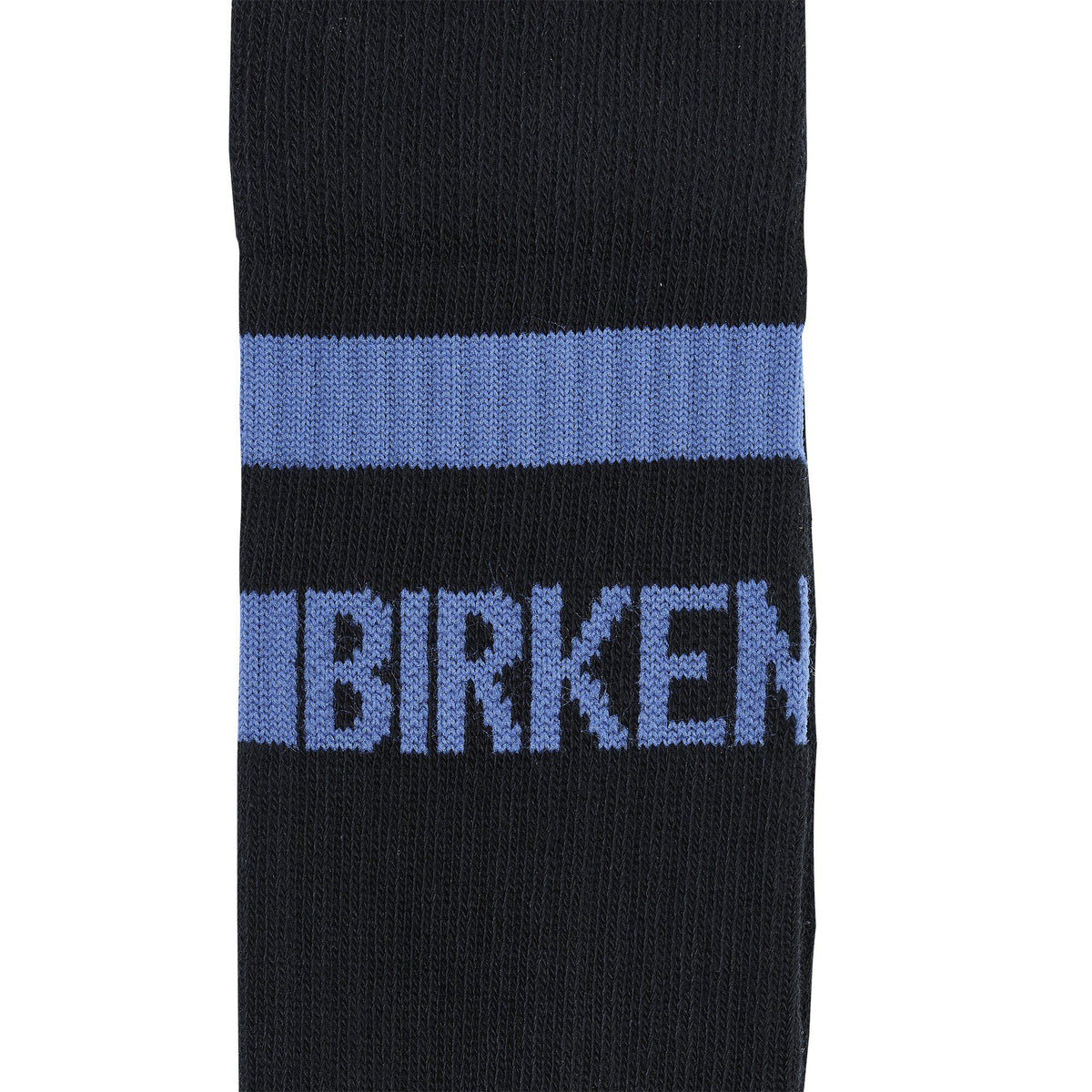 Close-up detail of Birkenstock black crew sock showing blue stripe and logo lettering