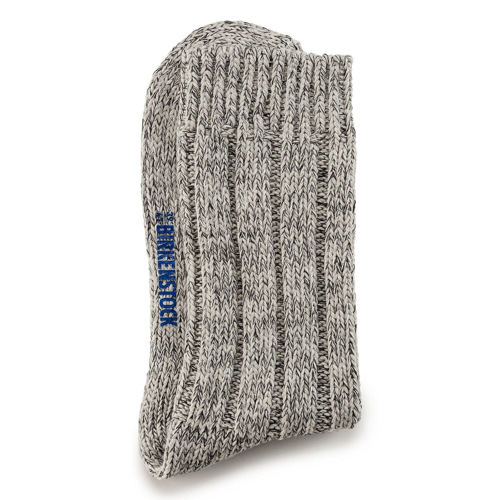 Folded Birkenstock ribbed knit cotton crew sock with blue logo embroidery on side