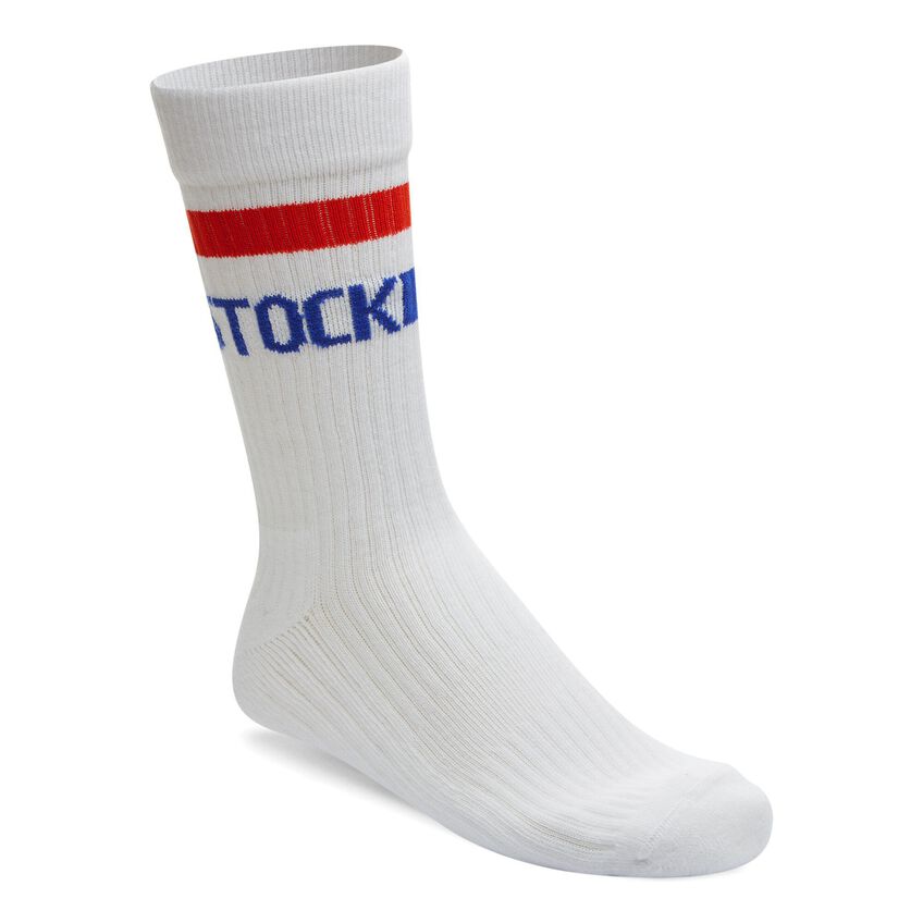 Birkenstock crew sock in white with red stripe and blue brand lettering on calf