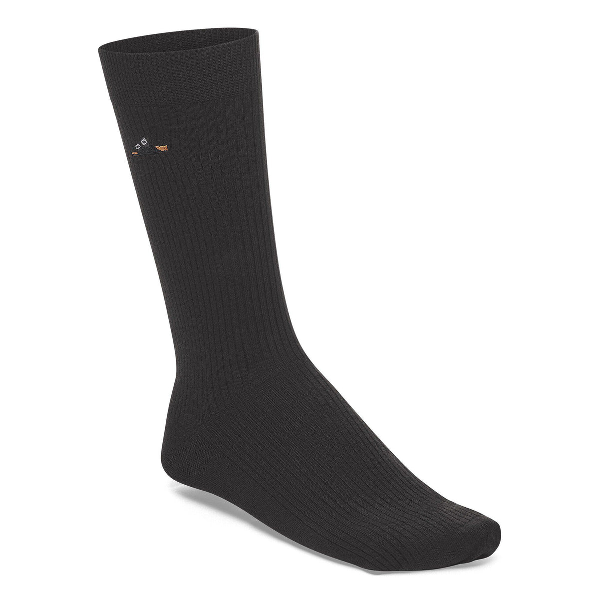 Single black ribbed cotton crew sock displayed upright on invisible foot form