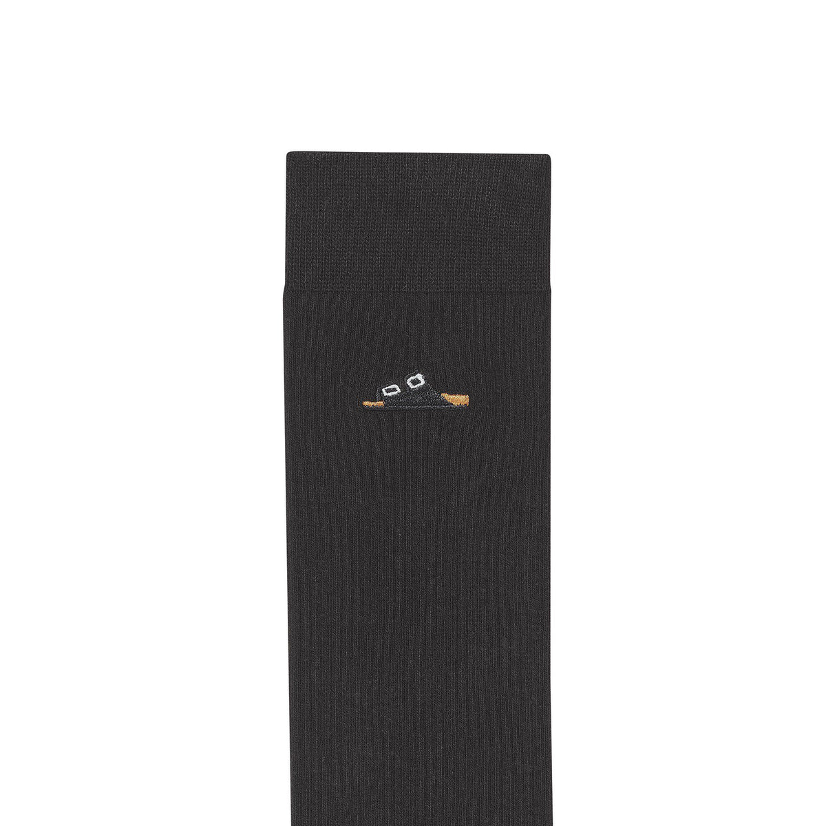 Black ribbed cotton crew sock with small embroidered Birkenstock sandal logo detail