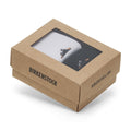 Birkenstock branded kraft cardboard gift box with window revealing black and white ribbed socks
