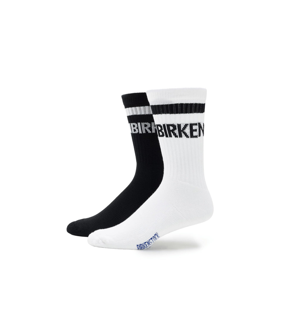 Birkenstock crew socks in black and white with stripe and logo detail, two-pack