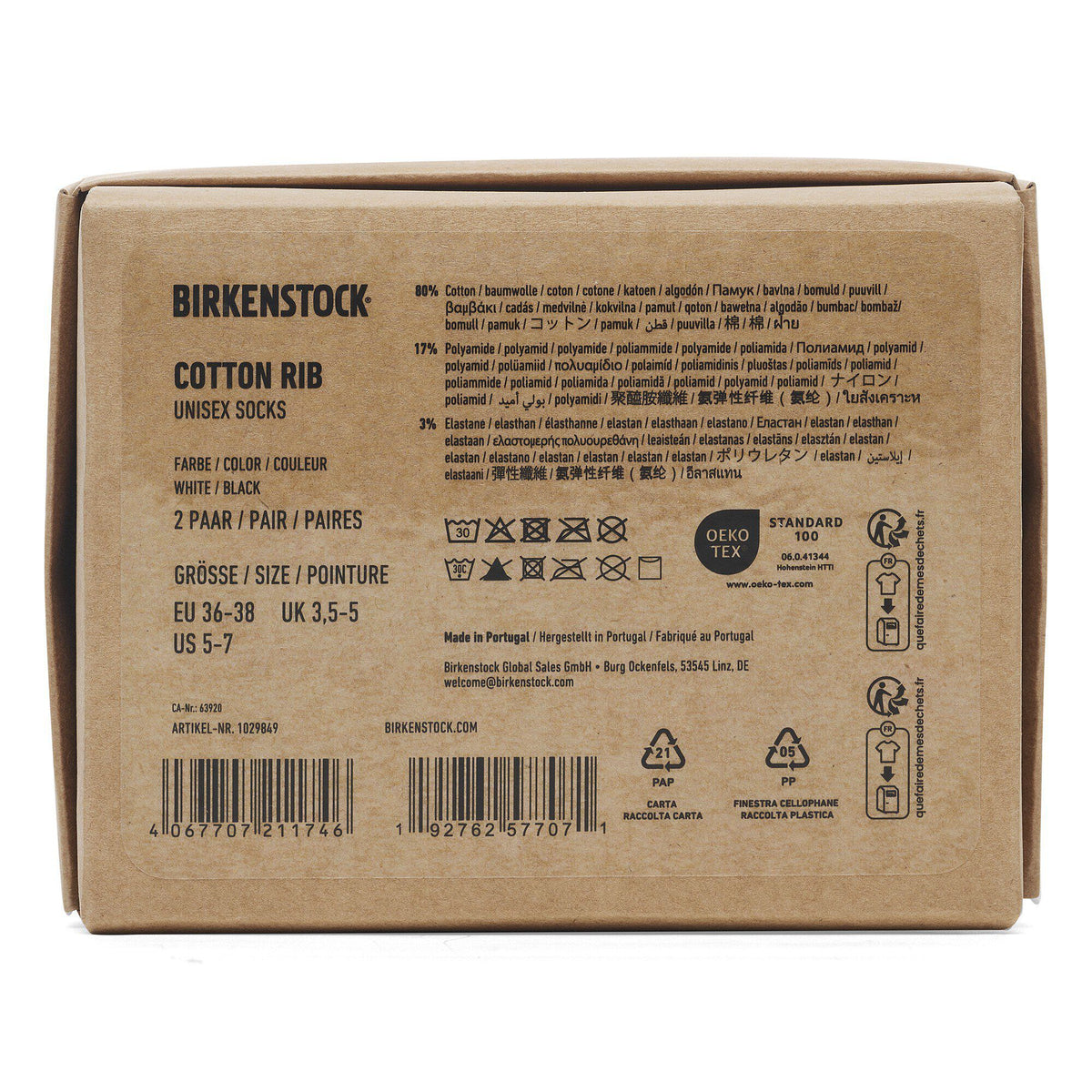 Birkenstock Cotton Rib unisex socks packaging box showing product details and care instructions