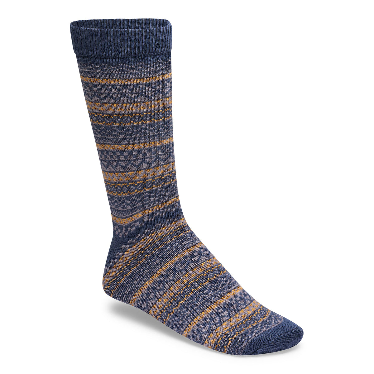 Birkenstock crew sock with Fair Isle pattern in navy, purple, and golden yellow stripes