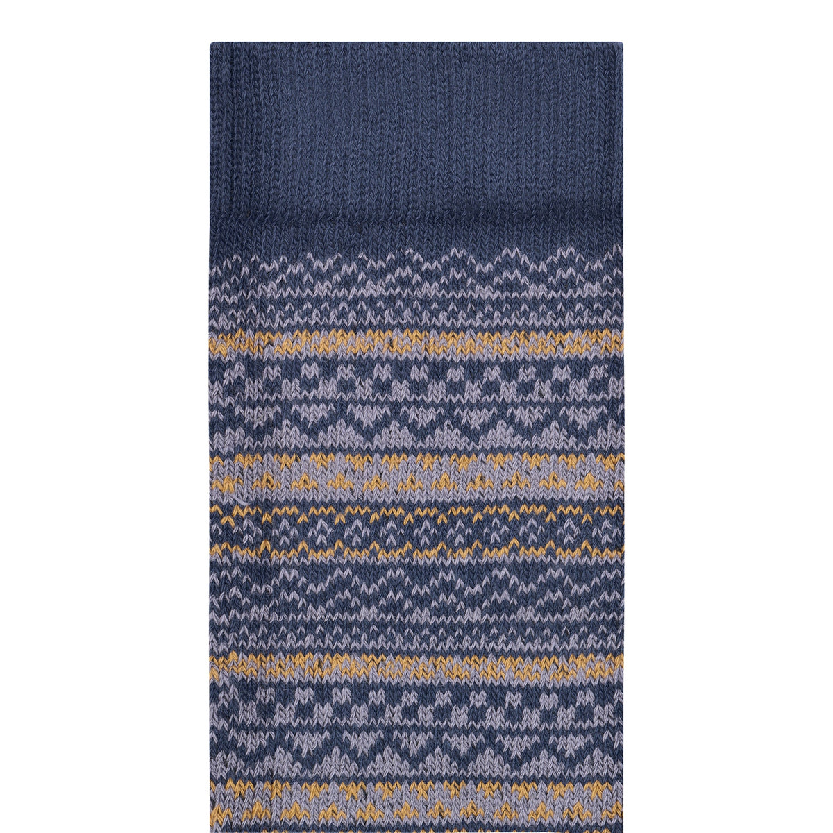 Folded knit sock with Fair Isle pattern in navy, grey, and gold stripes