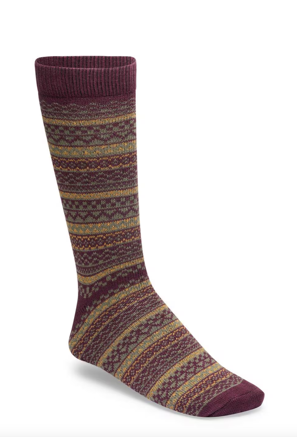 Single patterned crew sock with Fair Isle design featuring horizontal stripes and geometric motifs