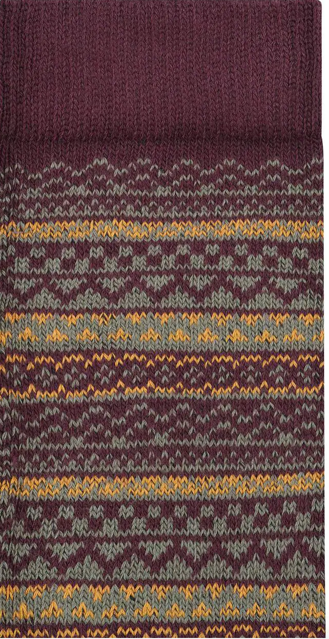 Fair Isle knit sock pattern featuring geometric stripes in burgundy, sage, and mustard tones
