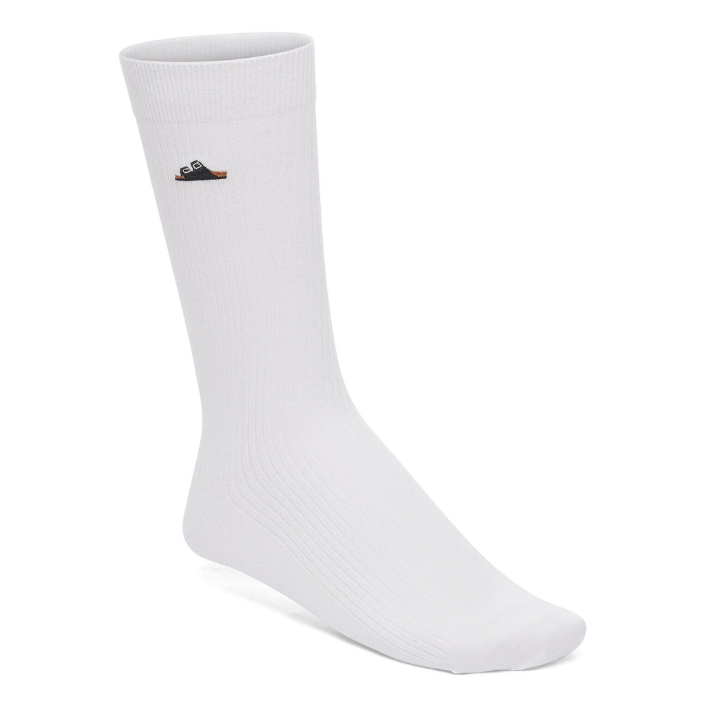 White ribbed cotton crew sock with small embroidered sandal motif on the calf