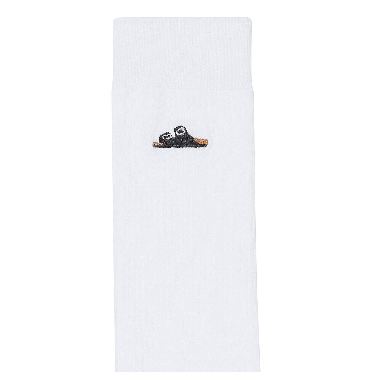 White ribbed cotton crew sock with embroidered Birkenstock sandal motif on cuff
