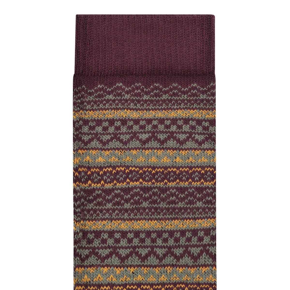 Folded knit cotton sock with Fair Isle pattern in burgundy, sage, and ochre stripes