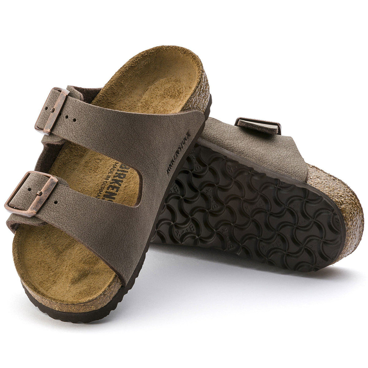 Birkenstock Arizona kids sandals showing top and sole views with two adjustable buckle straps