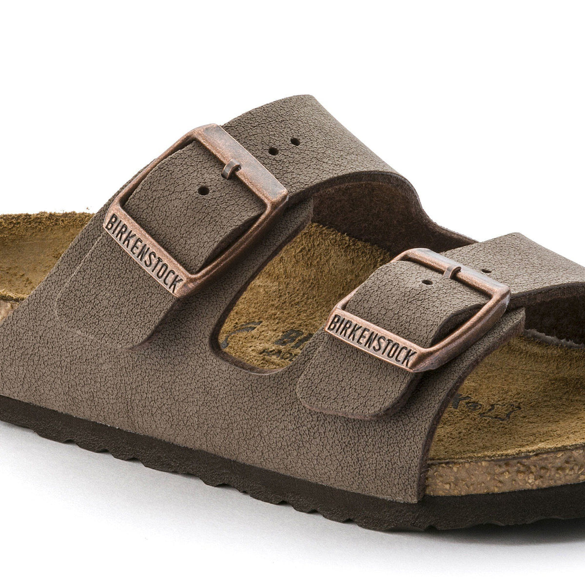 Birkenstock Arizona two-strap sandal with copper buckles and cork footbed