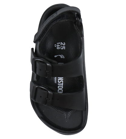 Birkenstock kids black EVA sandal with two buckle straps, top-down view
