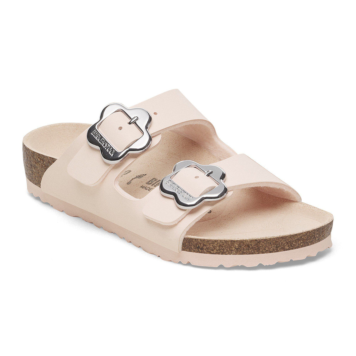 Birkenstock Arizona kids sandal with two straps and flower-shaped silver buckles on cork footbed