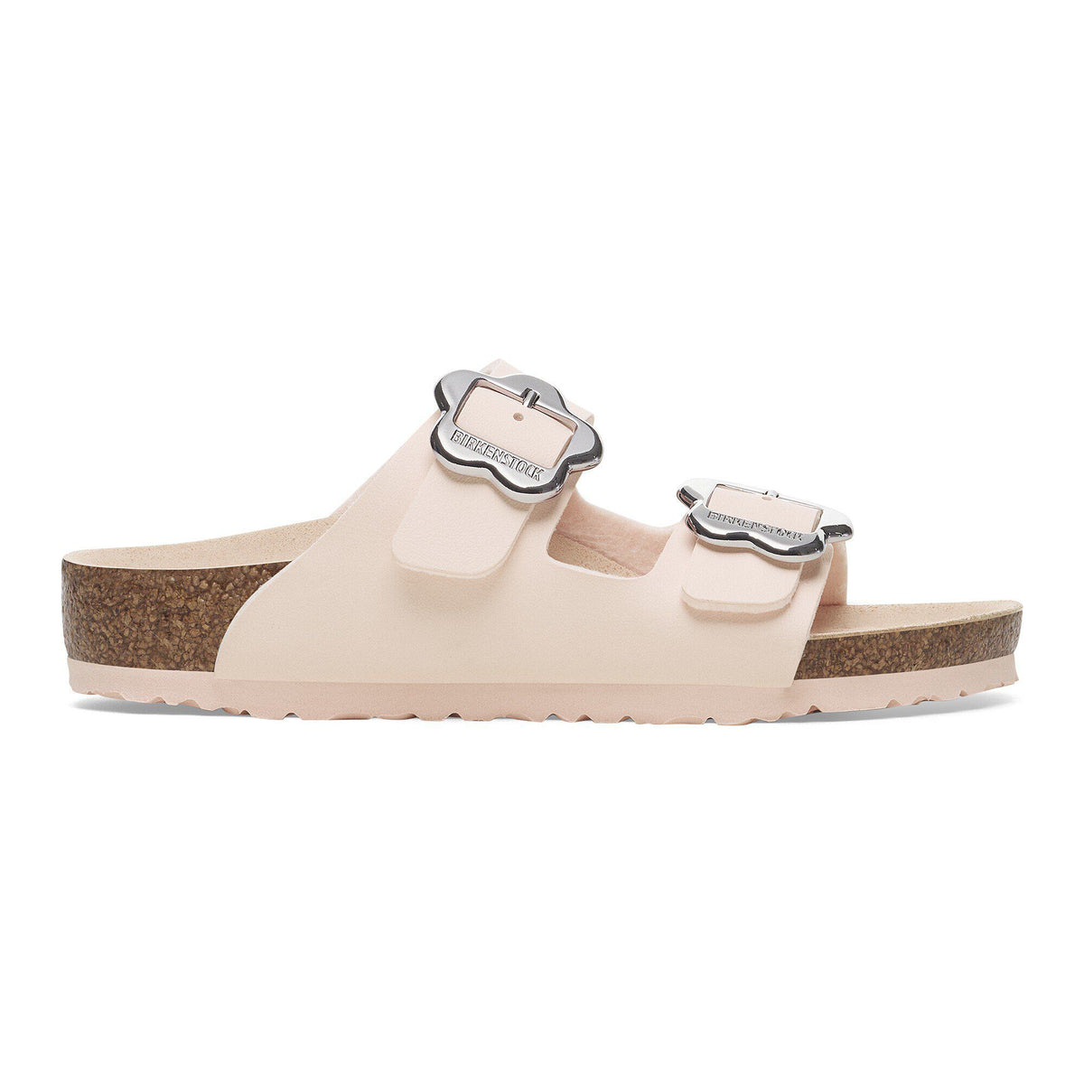 Birkenstock Arizona sandal with two straps, flower-shaped silver buckles, and cork sole