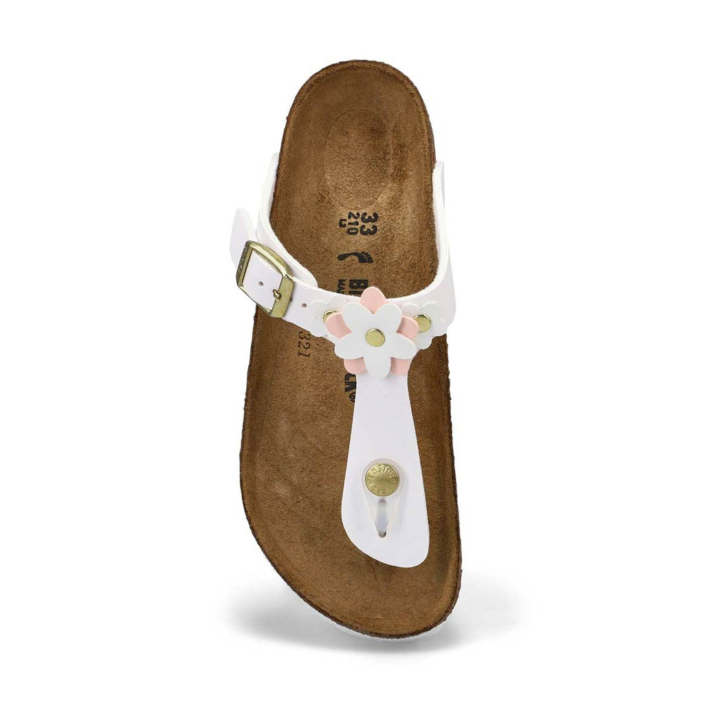 Birkenstock Kids Gizeh thong sandal with white strap and floral embellishment, top view