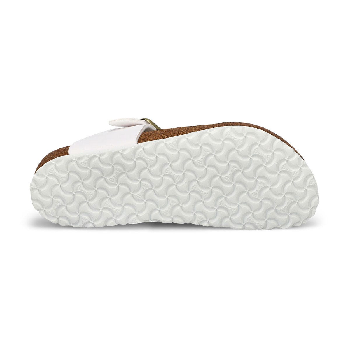 Bottom sole view of a white Birkenstock kids sandal showing textured EVA outsole and cork footbed