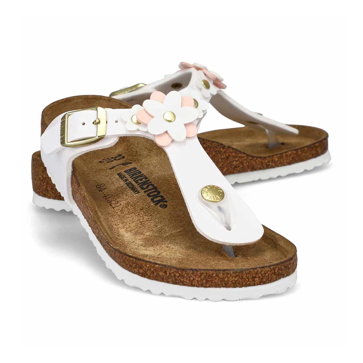 Birkenstock Kids Gizeh thong sandals with pink floral appliqués and cork footbed