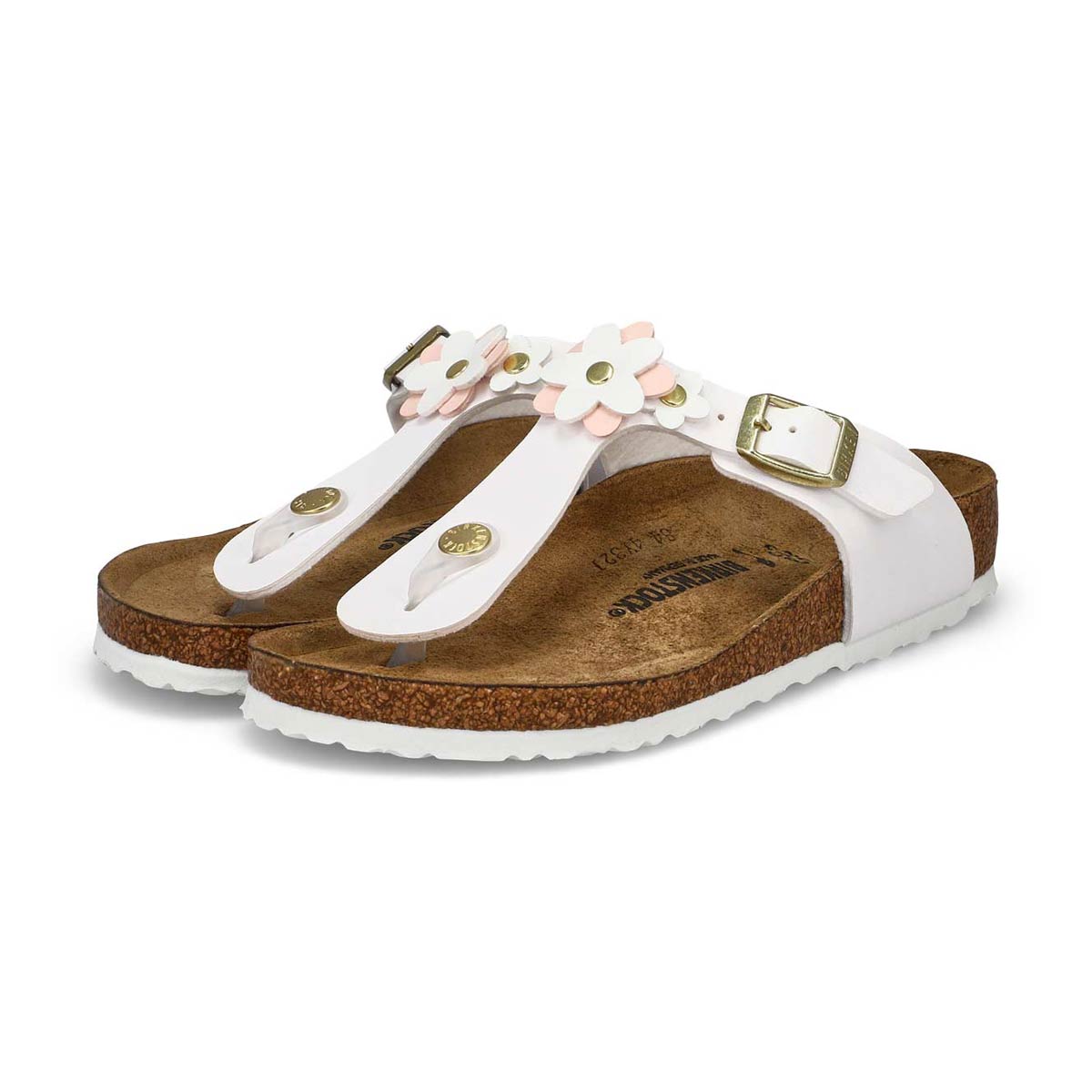 Birkenstock Kids Gizeh Flowers white cork sandals with floral embellishments and gold buckle