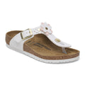 Birkenstock Kids Gizeh thong sandal with floral appliqué, cork footbed, and gold buckle