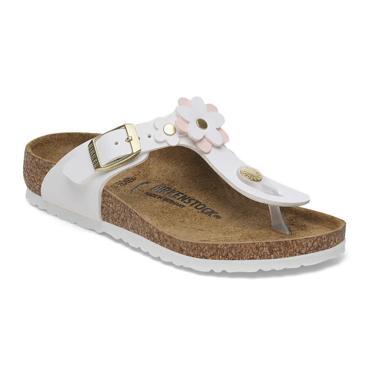 Birkenstock Kids Gizeh thong sandal with floral appliqué, cork footbed, and gold buckle