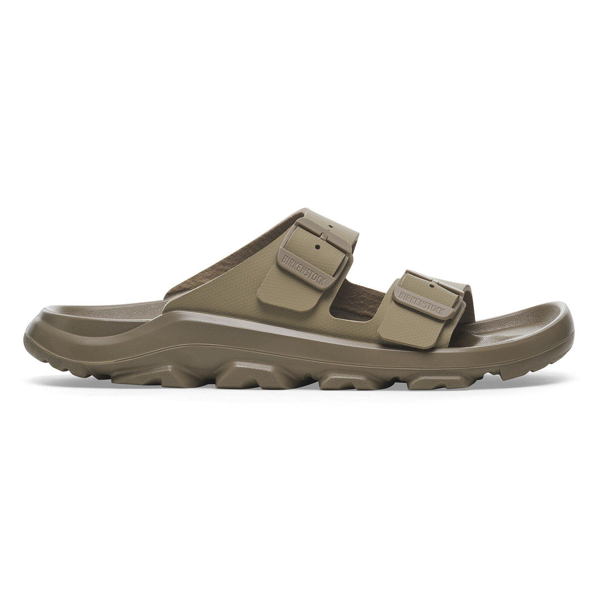 Birkenstock Mogami Terra slide sandal with double buckle straps and chunky lugged outsole