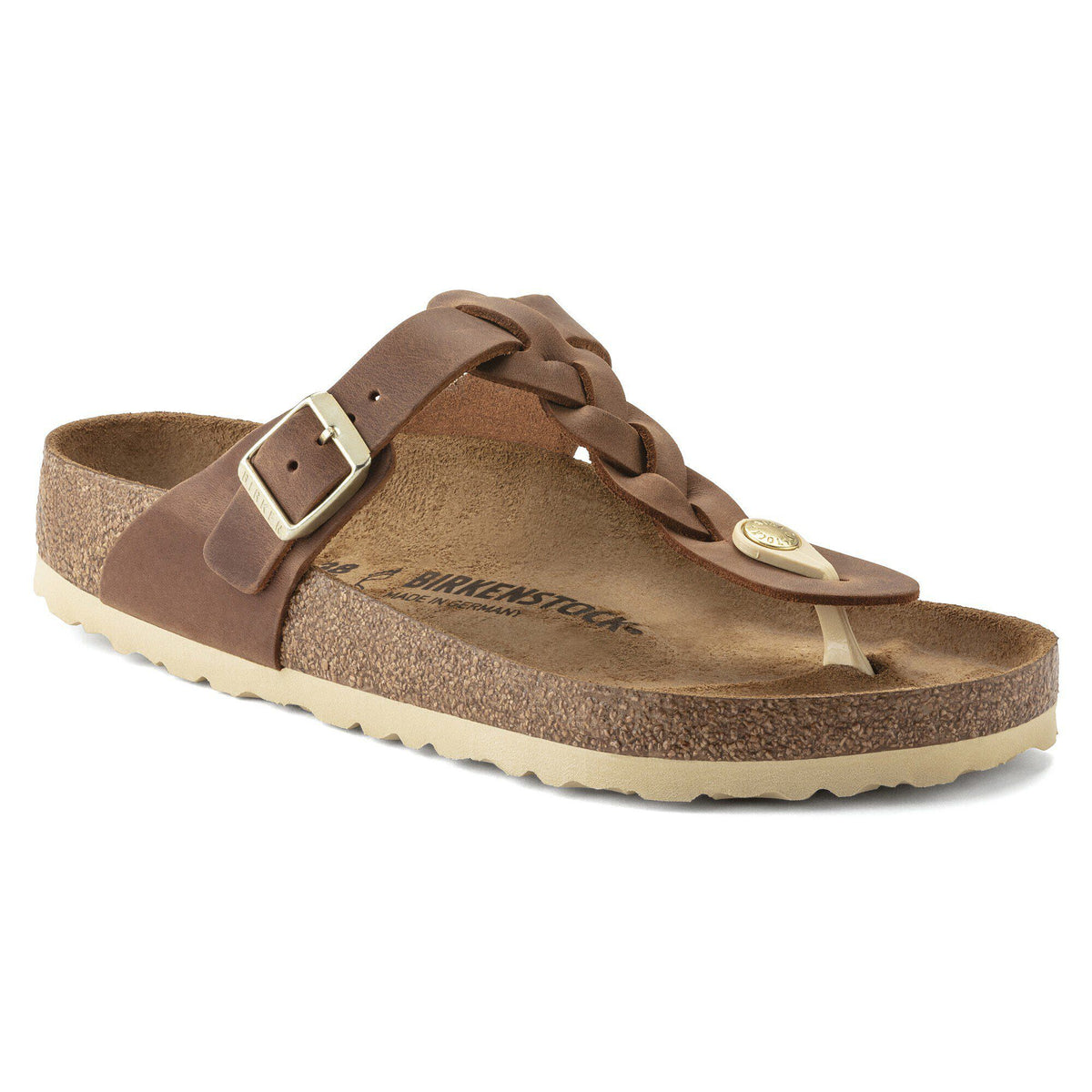 Birkenstock Gizeh Braid thong sandal with braided leather strap and gold buckle