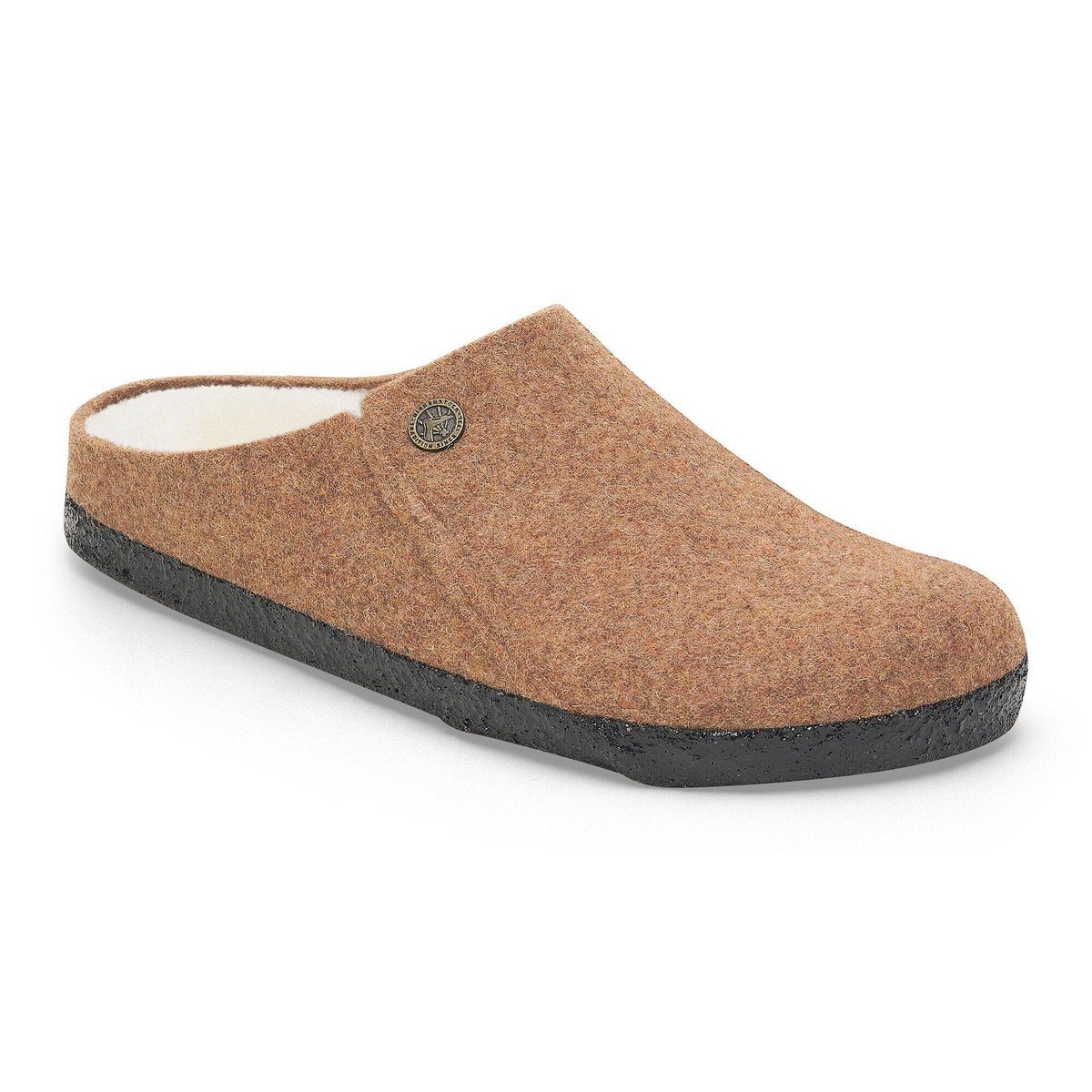Birkenstock Zermatt shearling-lined felt clog slipper with dark rubber sole, side view
